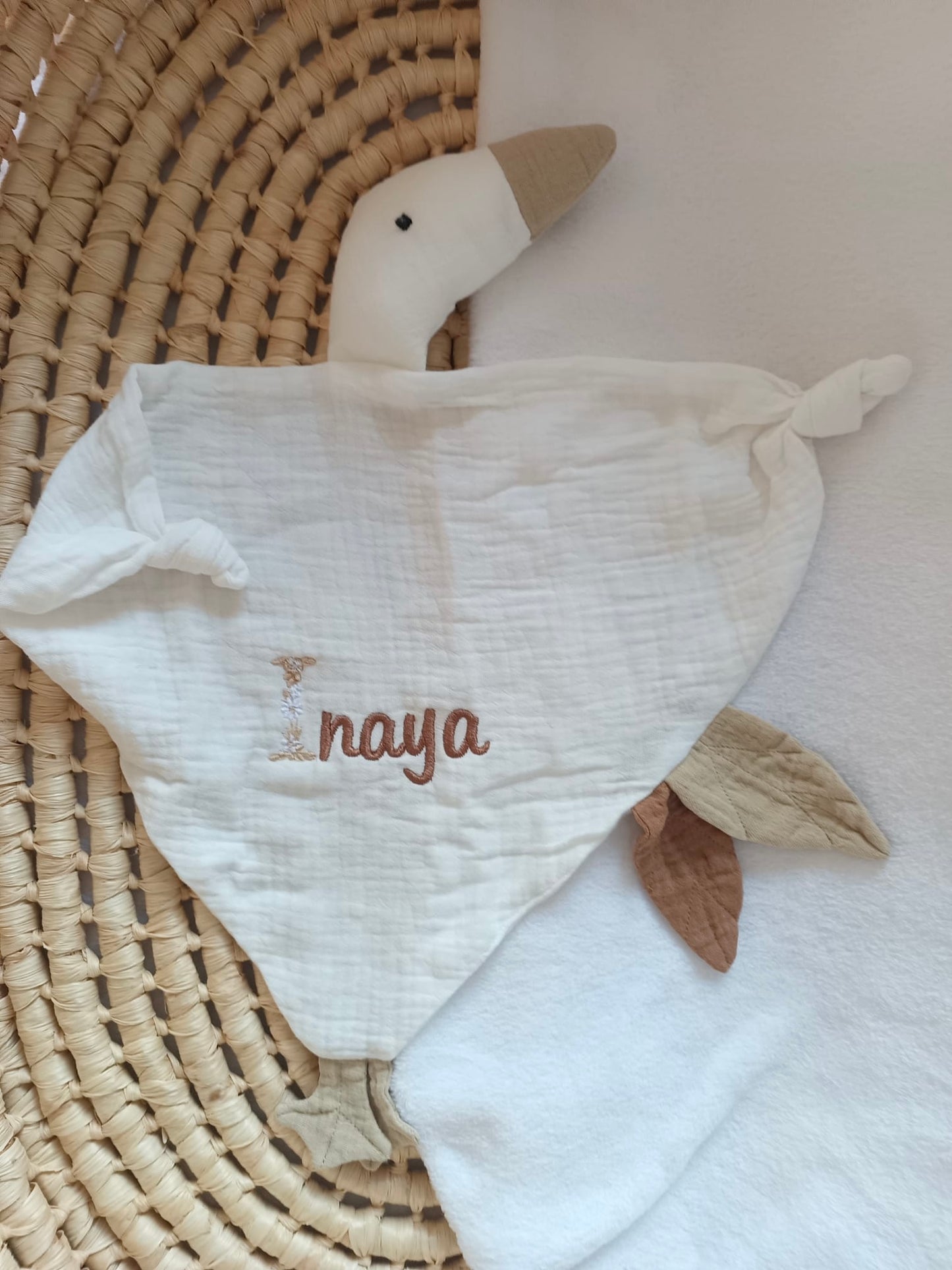 Doudou oie en gaze de coton blanc