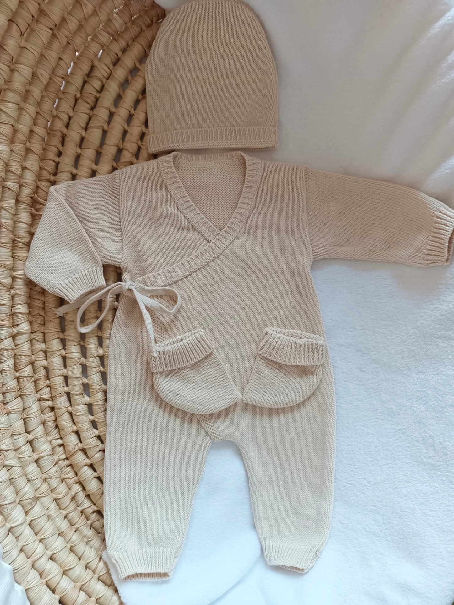 Combinaison beige 100% coton, 3 pièces, 0/3 mois - personnalisable -