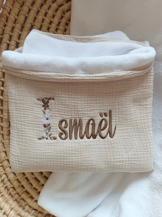 Couverture en gaze de coton et polaire beige - personnalisable -