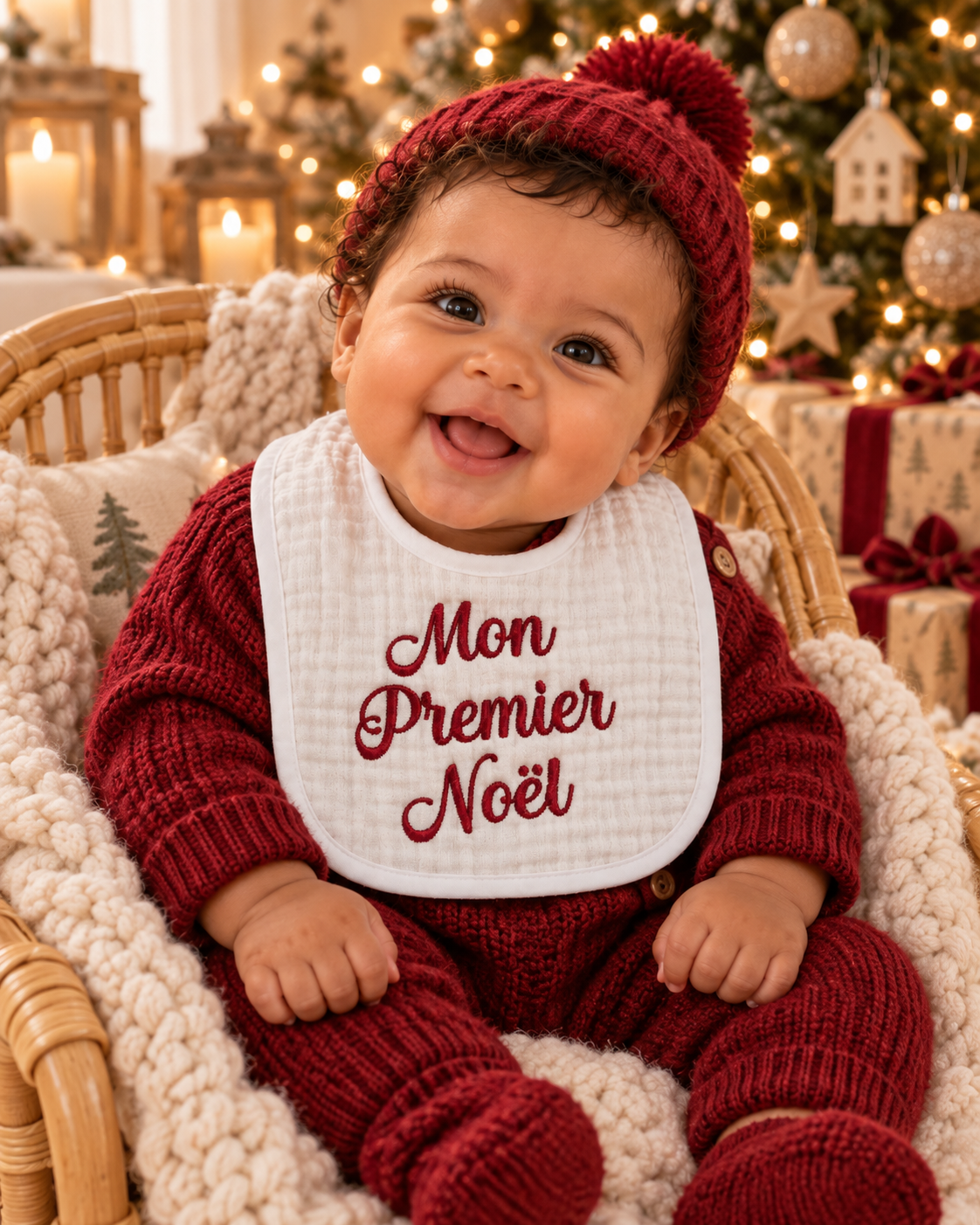 Bavoir bébé brodé – Mon premier Noël 2026