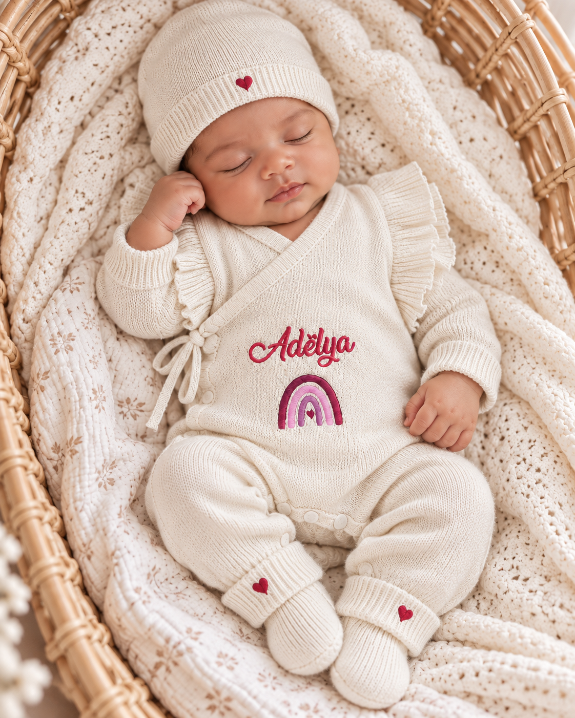 Combinaison naissance personnalisée à volants 100% coton – ensemble 3 pièces