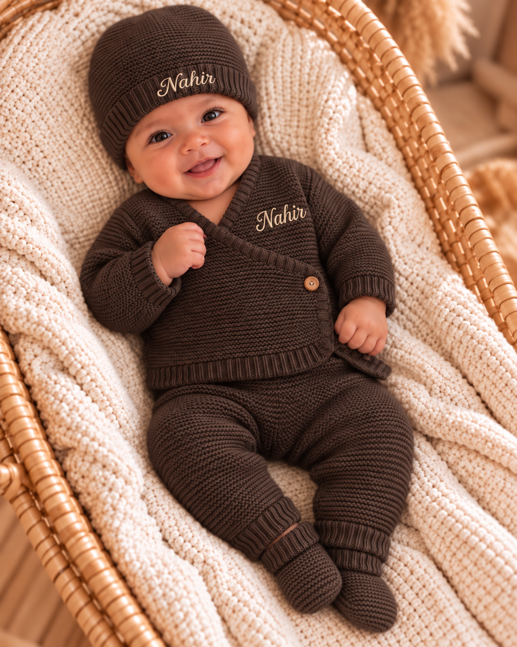 Tenue de naissance personnalisée 4 pièces en maille – Bébé 0-3 mois