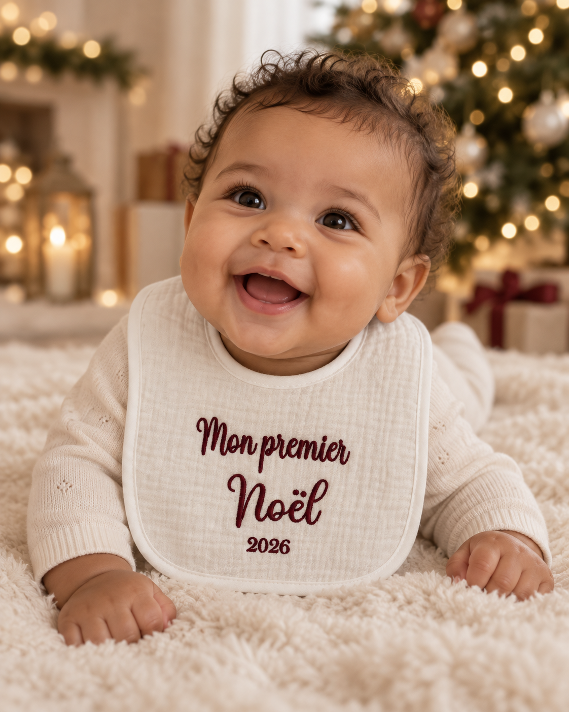 Bavoir bébé brodé – Mon premier Noël 2026