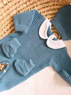 Combinaison maille bleu marine avec col blanc - 0/3 mois - personnalisable