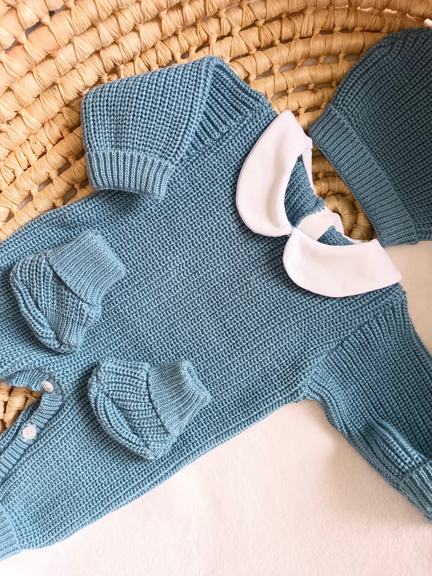 Combinaison maille bleu marine avec col blanc - 0/3 mois - personnalisable