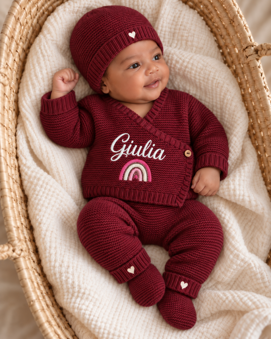 Ensemble naissance personnalisé 4 pièces en maille – lettre fleurie