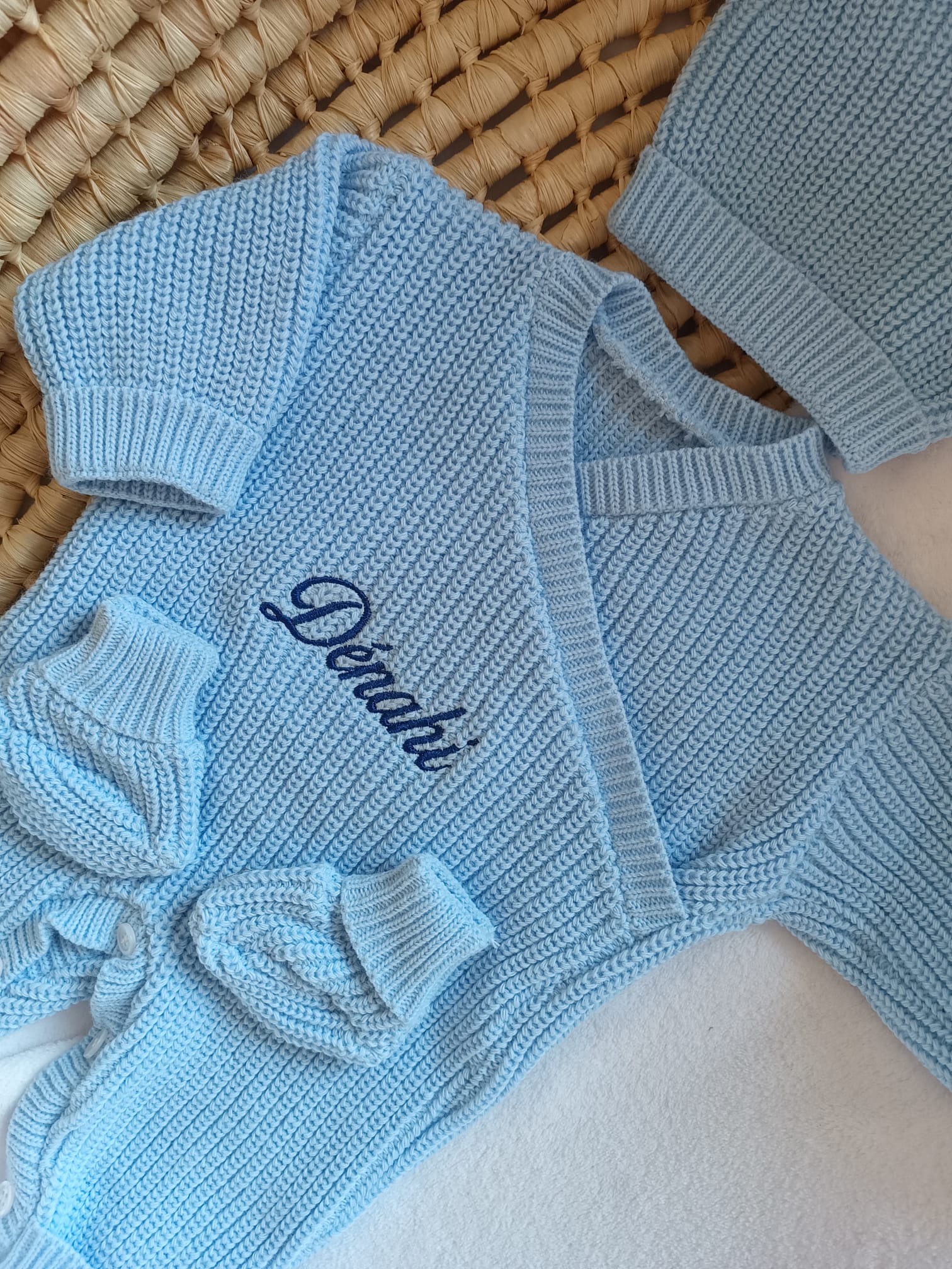 Combinaison maille bleu ciel croisé, 0/3 mois, 3 pièces - personnalisable -