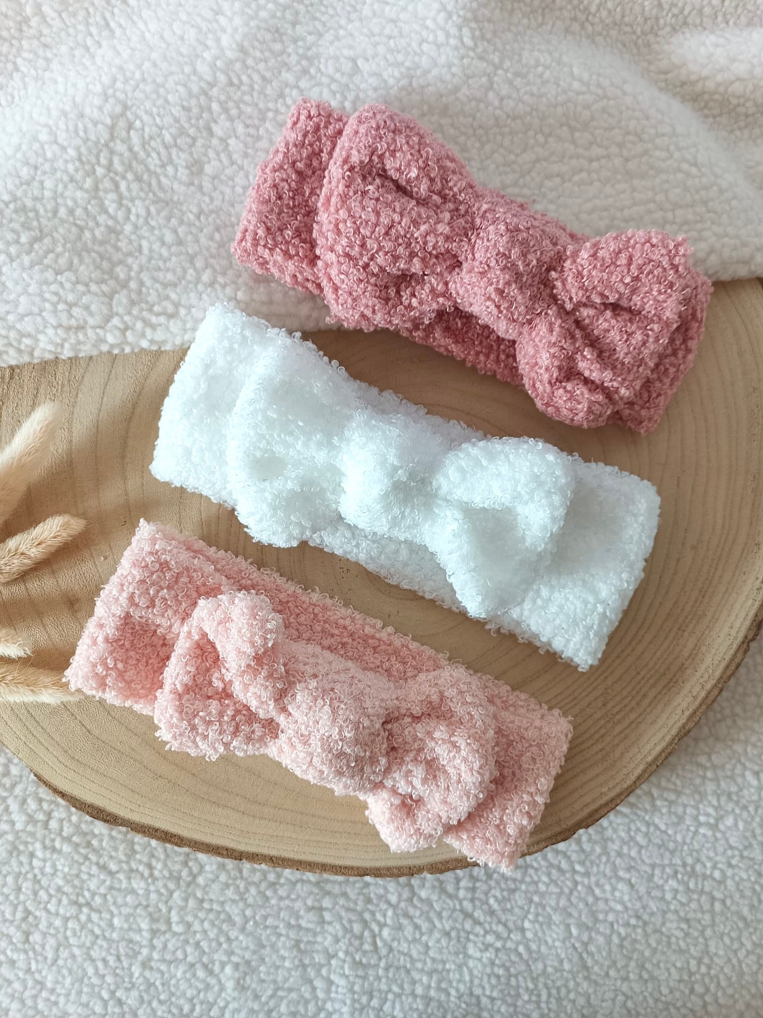Bandeaux élastiques moumoute rose/blanc/vieux rose 0/6 mois