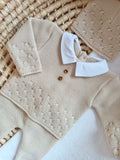 Ensemble complet naissance beige 0/3 mois avec 2 boutons bois