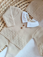 Ensemble complet naissance beige 0/3 mois avec 2 boutons bois