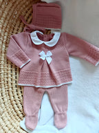 Ensemble complet vieux rose/blanc avec noeud satiné blanc 0/3 mois