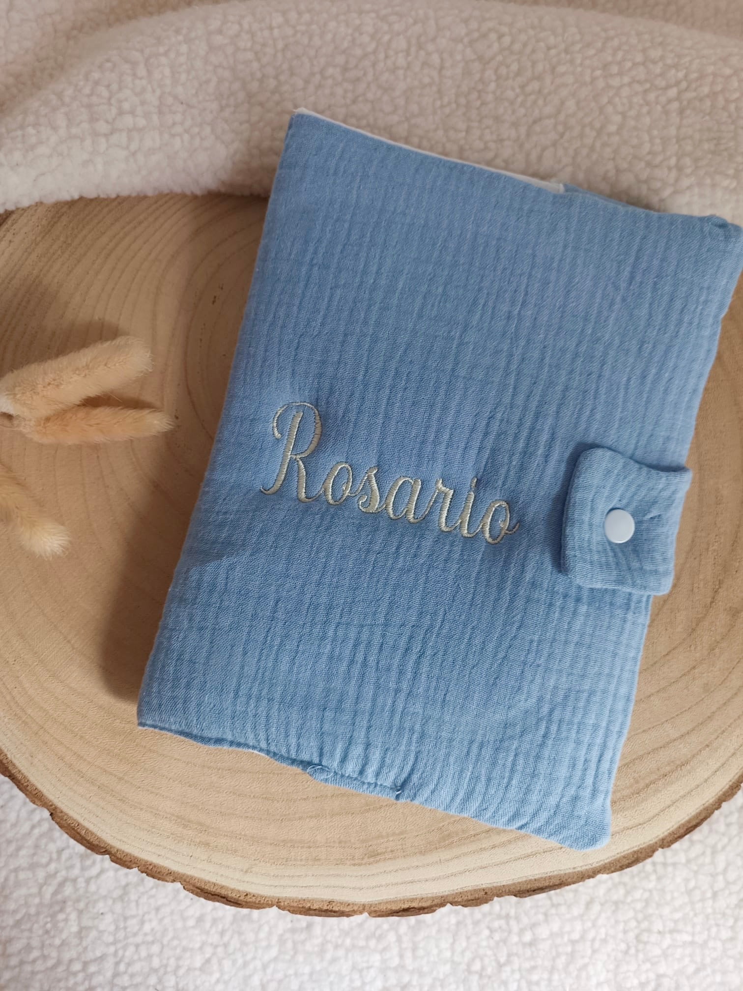 Protège carnet de santé en gaze de coton bleu denim - personnalisable -
