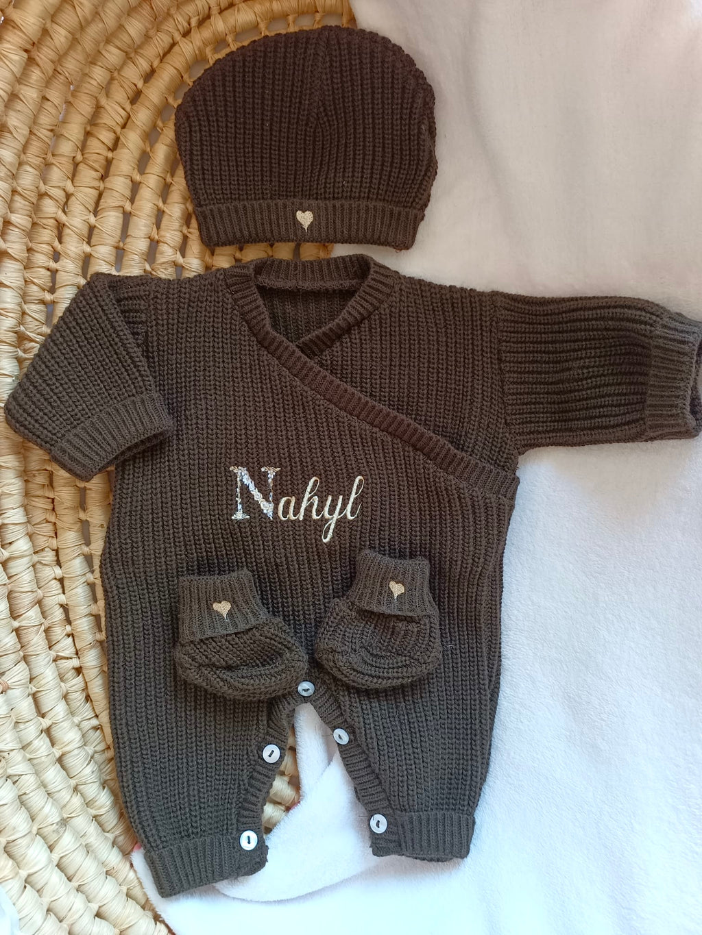 Combinaison maille marron, croisé, 0/3 mois, 3 pièces - personnalisable -