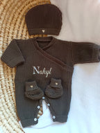 Combinaison maille marron, croisé, 0/3 mois, 3 pièces - personnalisable -