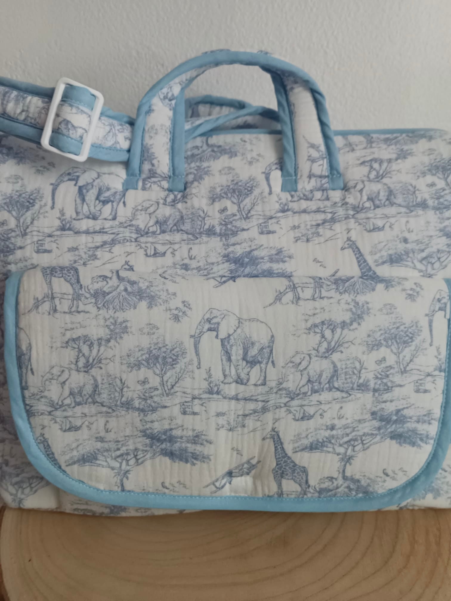 Sac à langer en gaze de coton safari tons bleuté - personnalisable -