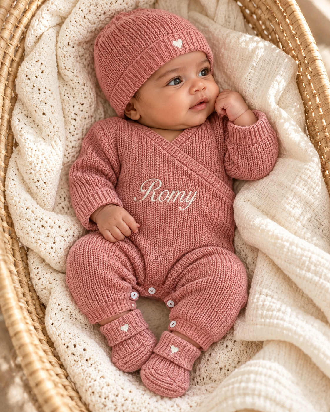 Combinaison naissance personnalisée en maille croisée – ensemble 3 pièces
