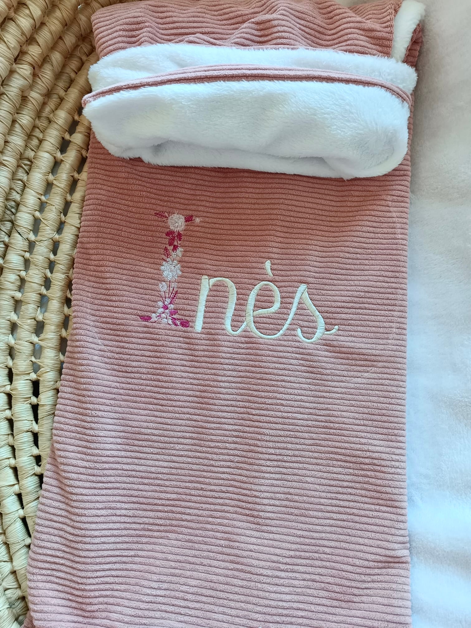 Couverture velours terracotta et polaire blanc - personnalisable -