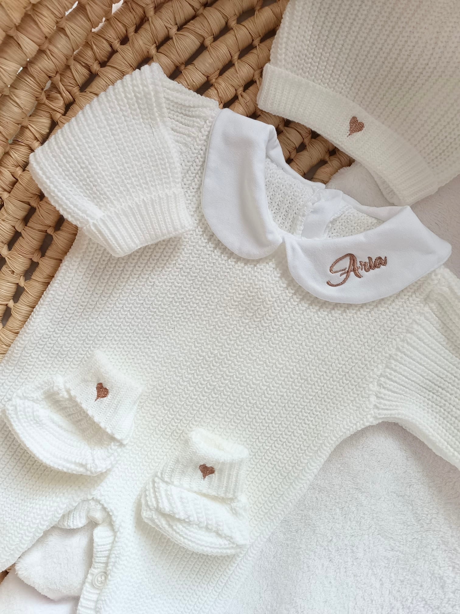 Combinaison maille blanc avec col blanc - 0/3 mois 3/6 mois et 9/12 mois - personnalisable