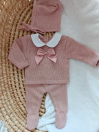 Ensemble complet vieux rose avec nœud satiné vieux rose 0/3 mois