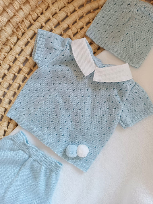Ensemble complet naissance bleu ciel avec pompom 0/3 mois