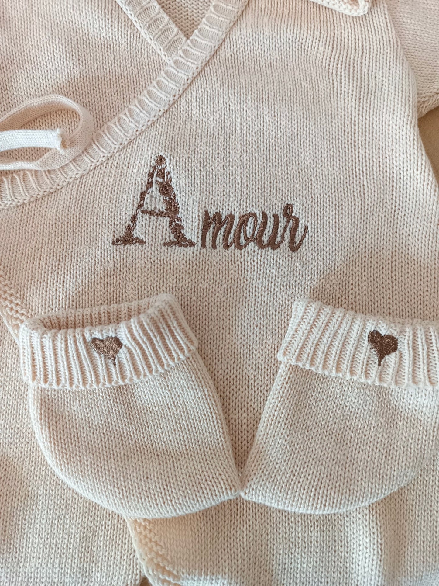 Combinaison beige 100% coton, 3 pièces, 0/3 mois - personnalisable -