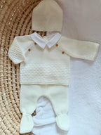Ensemble complet naissance crème 0/3 mois avec boutons bois