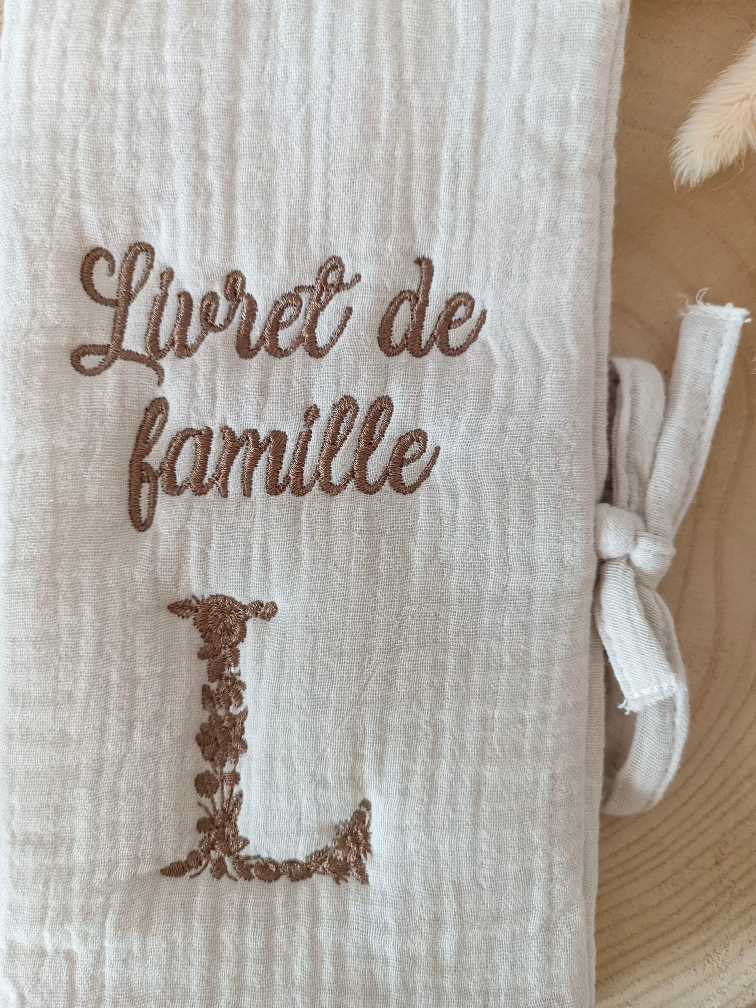 Protège livret de famille en gaze de coton beige - personnalisable -