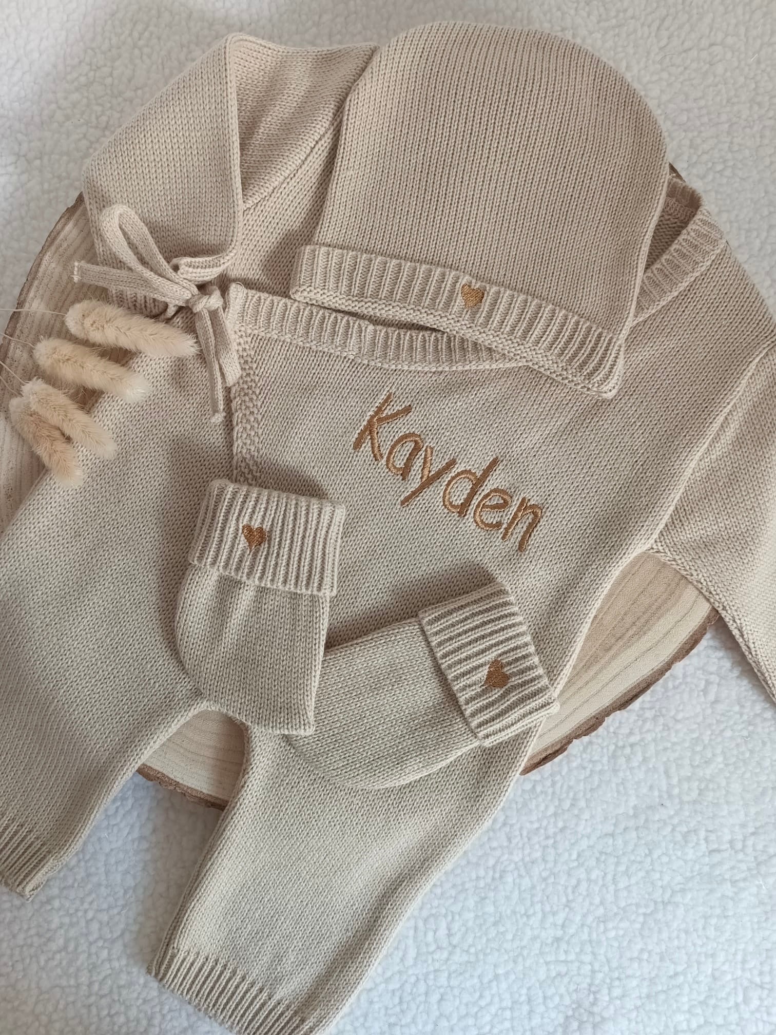 Combinaison beige foncé 100% coton, 3 pièces, 0/3 mois - personnalisable -