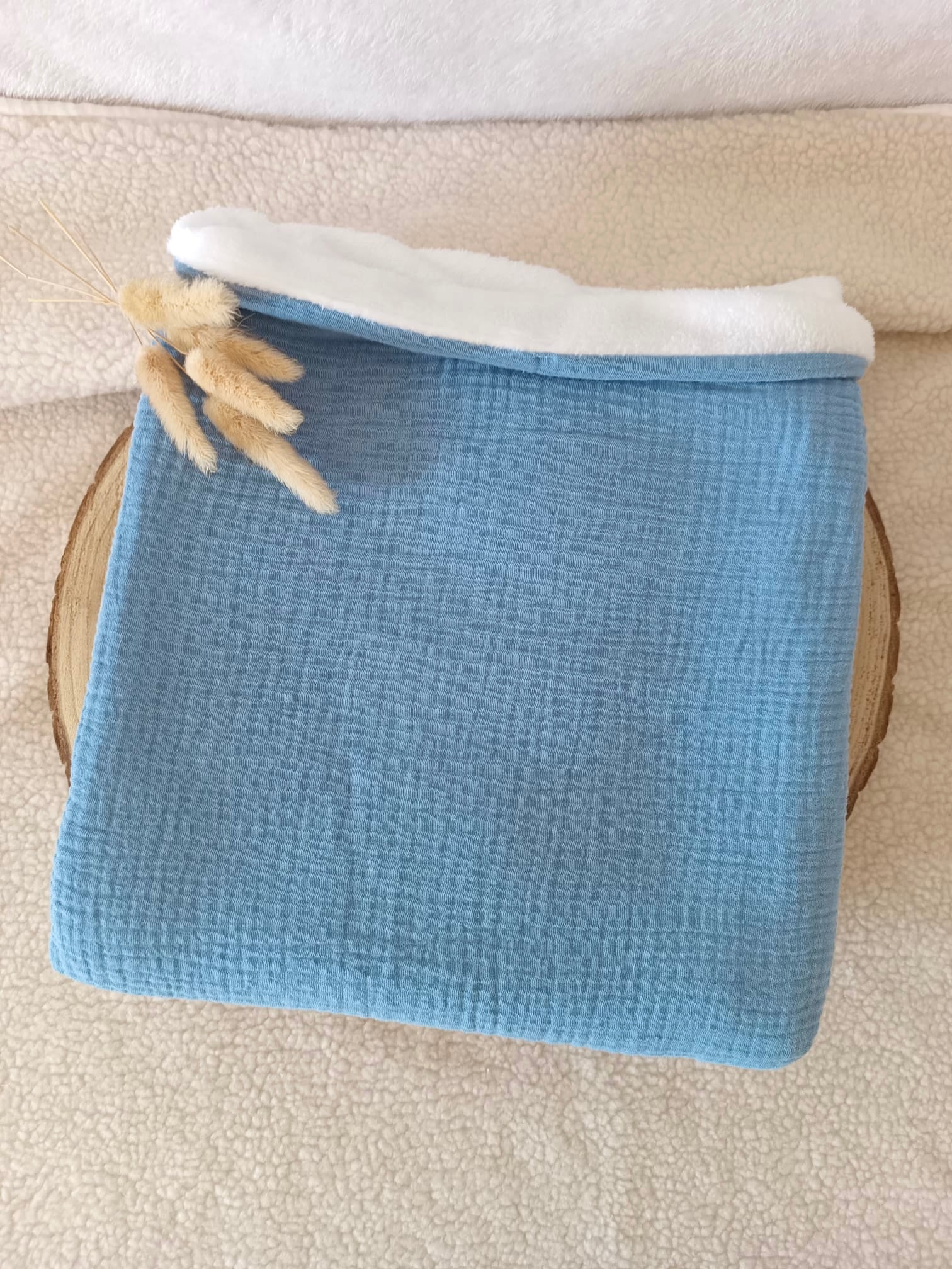 Couverture en gaze de coton et polaire bleu denim - personnalisable -