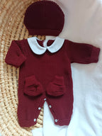 Combinaison maille bordeaux avec col blanc - 0/3 mois 3/6 mois et 9/12 mois  - personnalisable