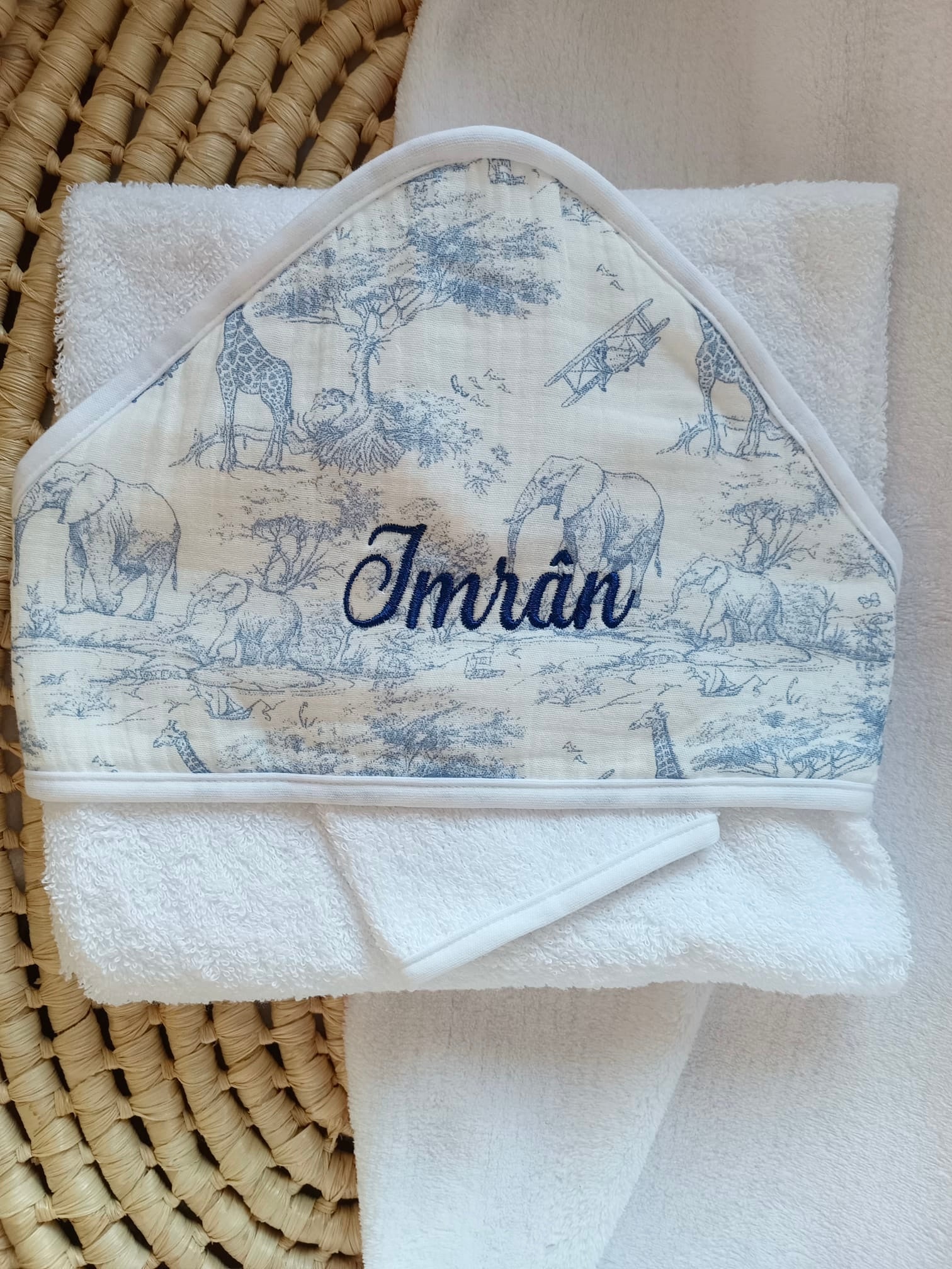 Cape de bain en gaze de coton safari bleuté- personnalisable -