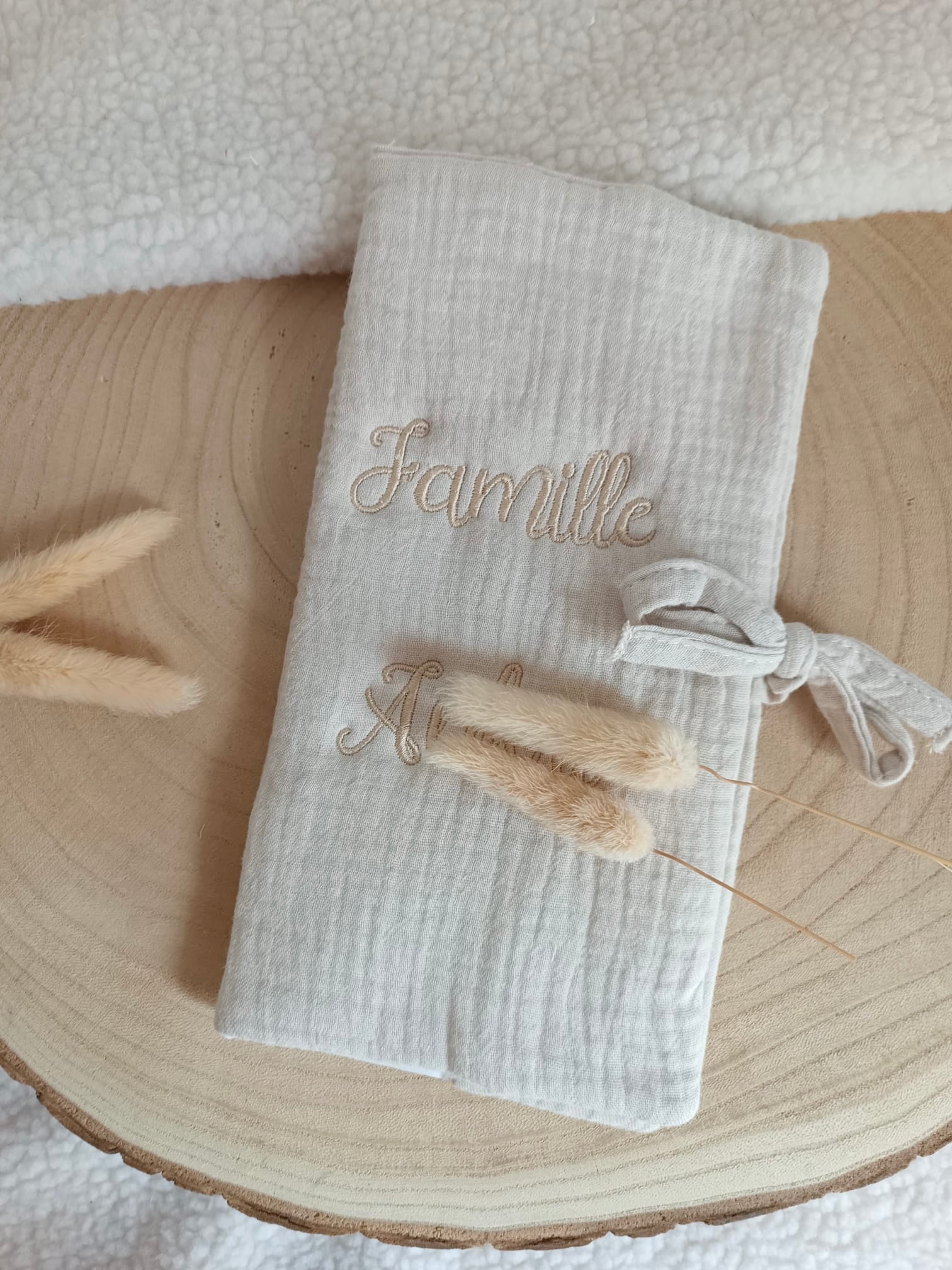 Protège livret de famille en gaze de coton beige - personnalisable -