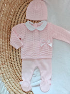 Ensemble complet naissance rose 0/3 mois avec torsade + noeud satiné