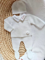 Ensemble complet naissance blanc 0/3 mois avec pompon blanc