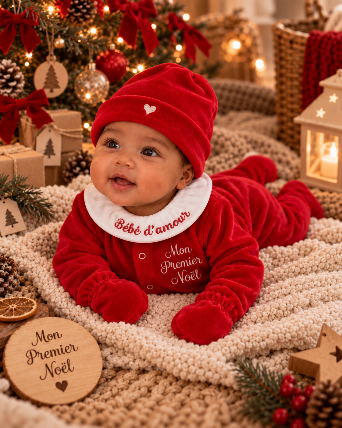 Ensemble bébé Mon Premier Noel brodé - 4 pièces en velours - 0/3 mois