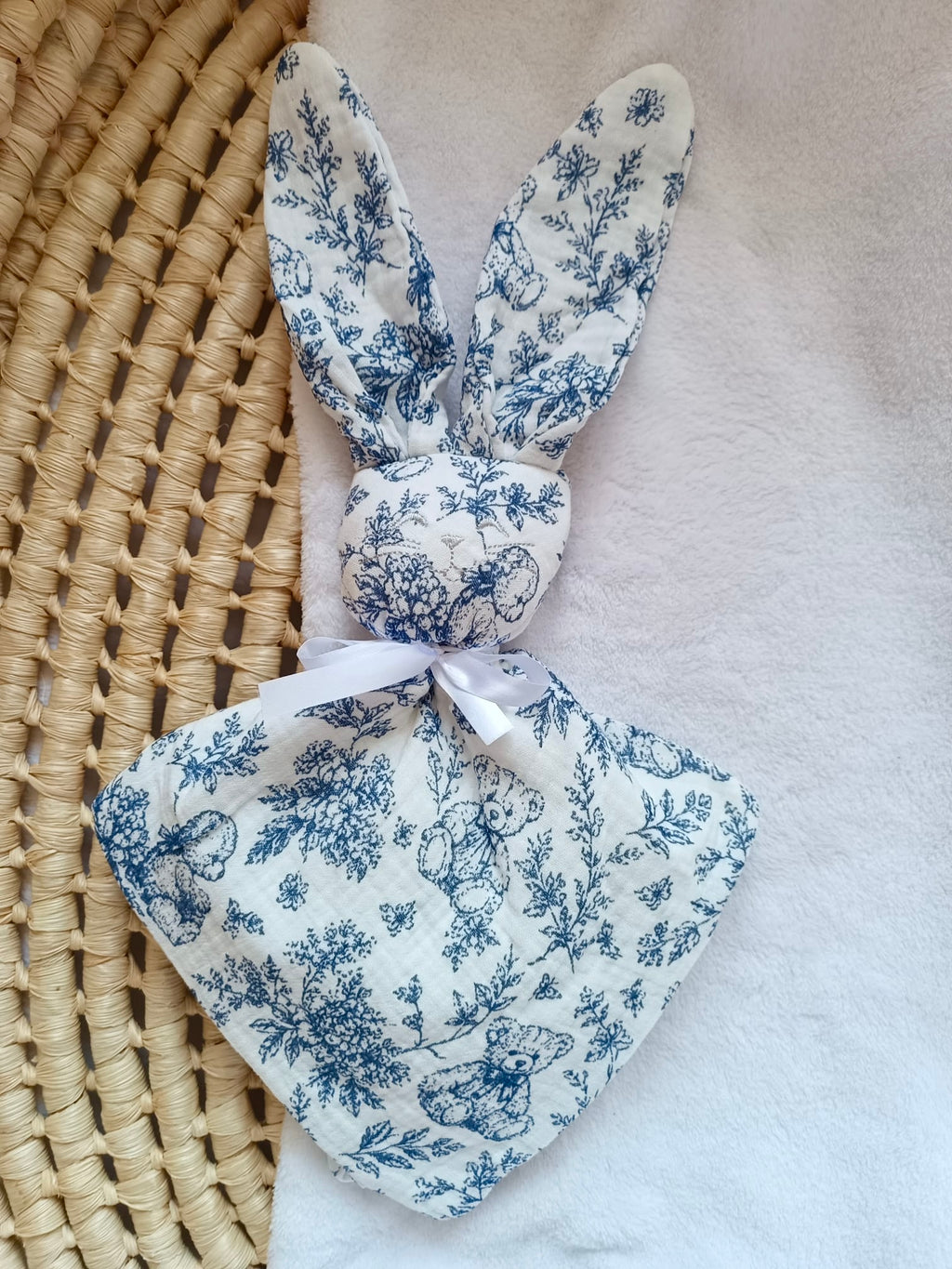 Doudou lapin bébé personnalisé en gaze de coton - Rêve d'Ourson