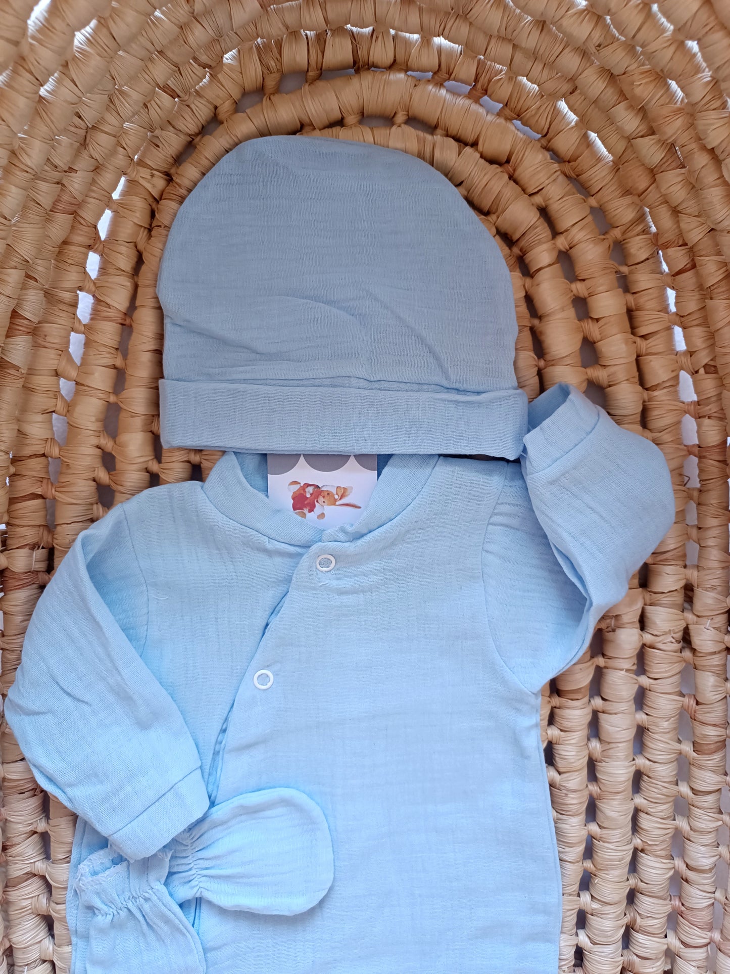 Ensemble complet pyjama en gaze de coton bleu ciel