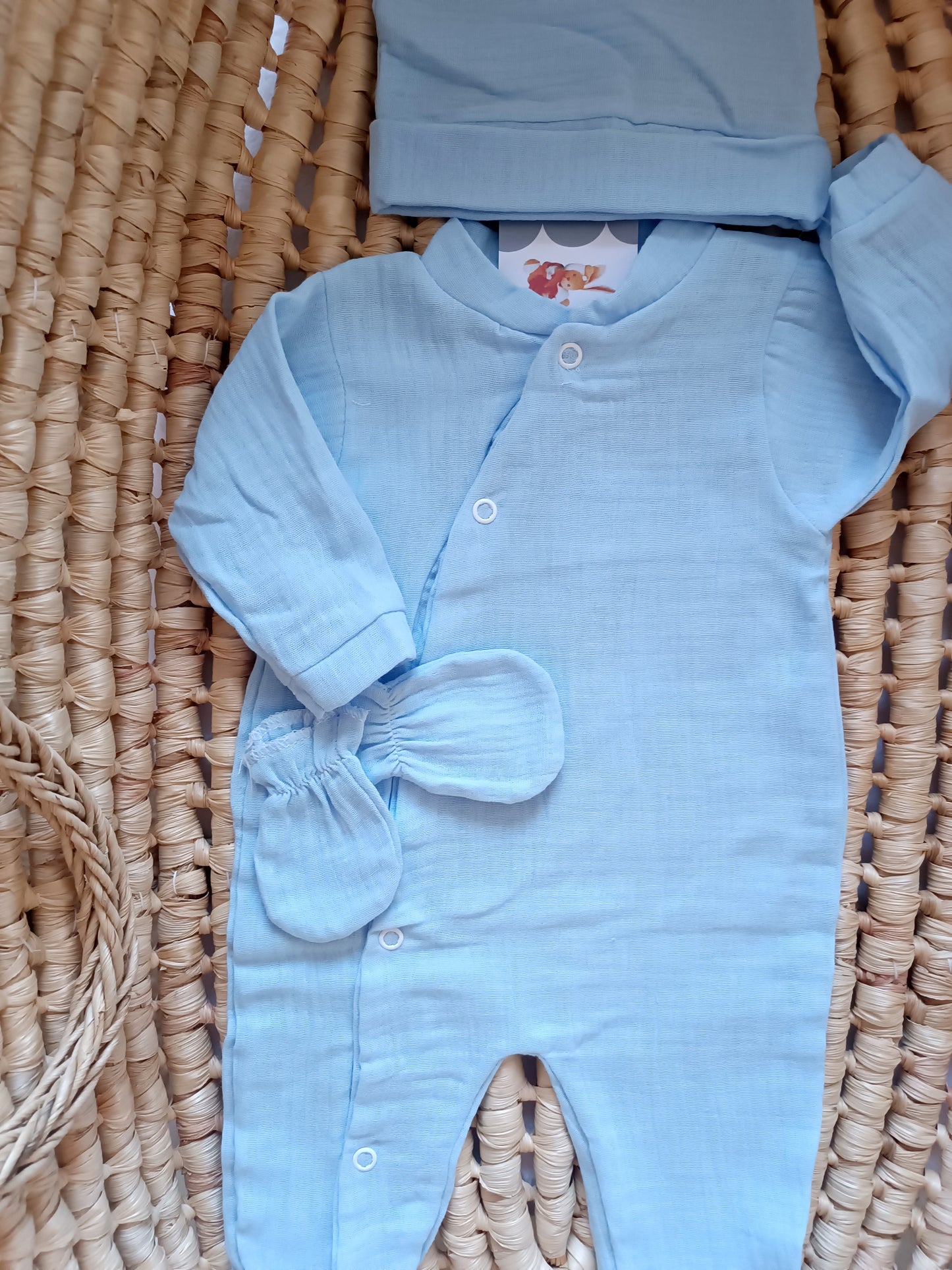 Ensemble complet pyjama en gaze de coton bleu ciel