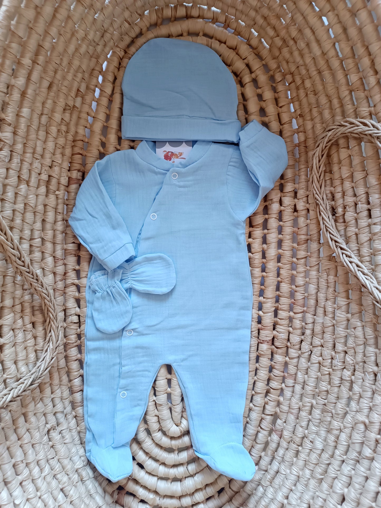 Ensemble complet pyjama en gaze de coton bleu ciel