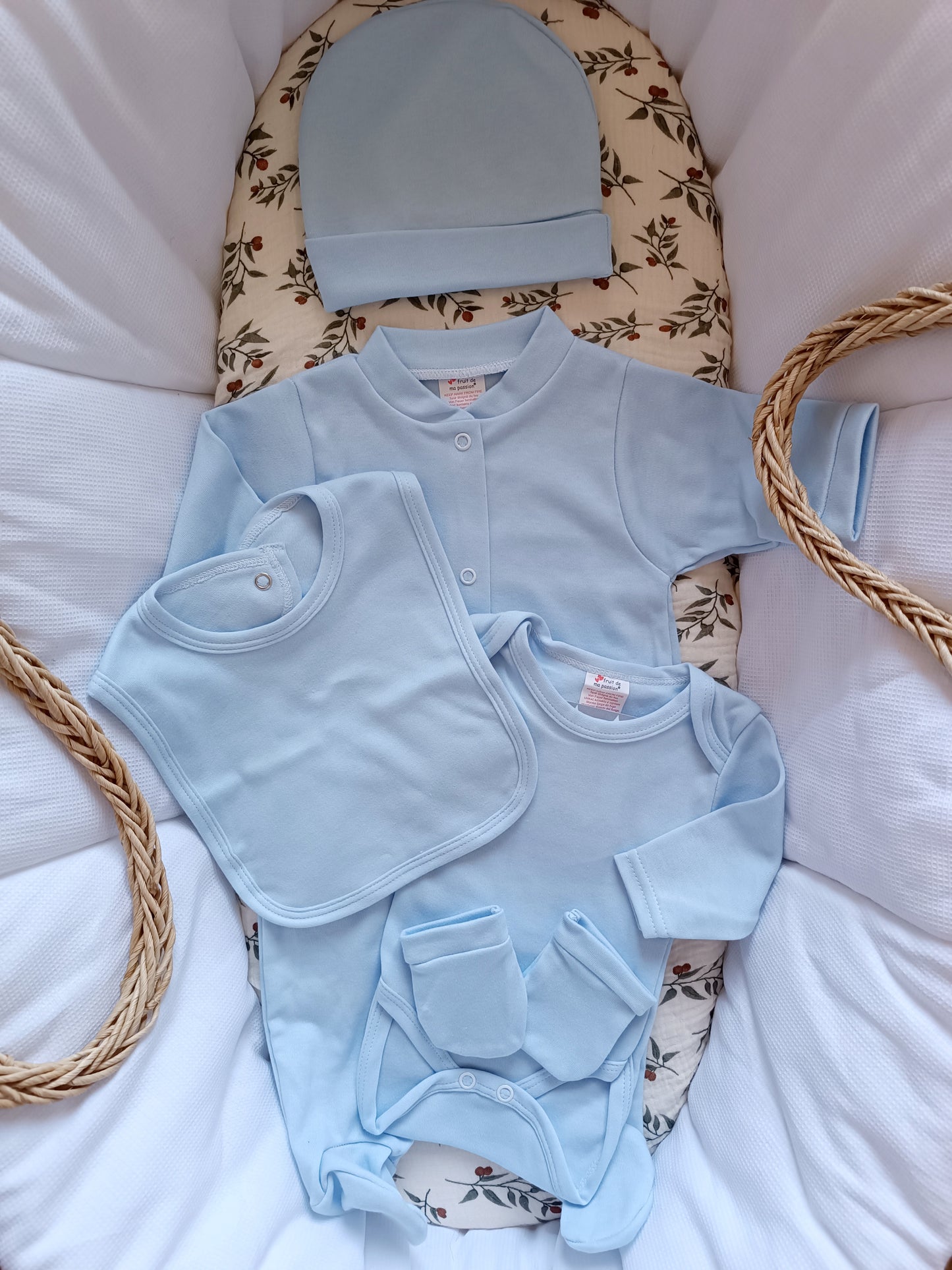 Ensemble pyjama naissance 0/3 mois 100% coton 5 pièces bleu ciel