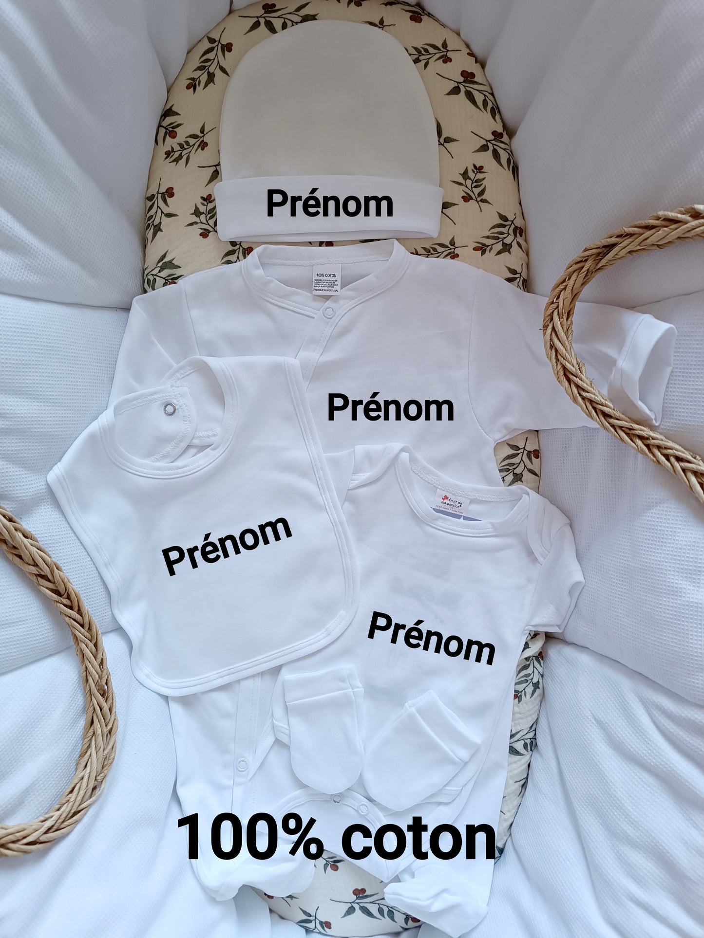 Ensemble pyjama naissance 0/3 mois 100% coton 5 pièces blanc