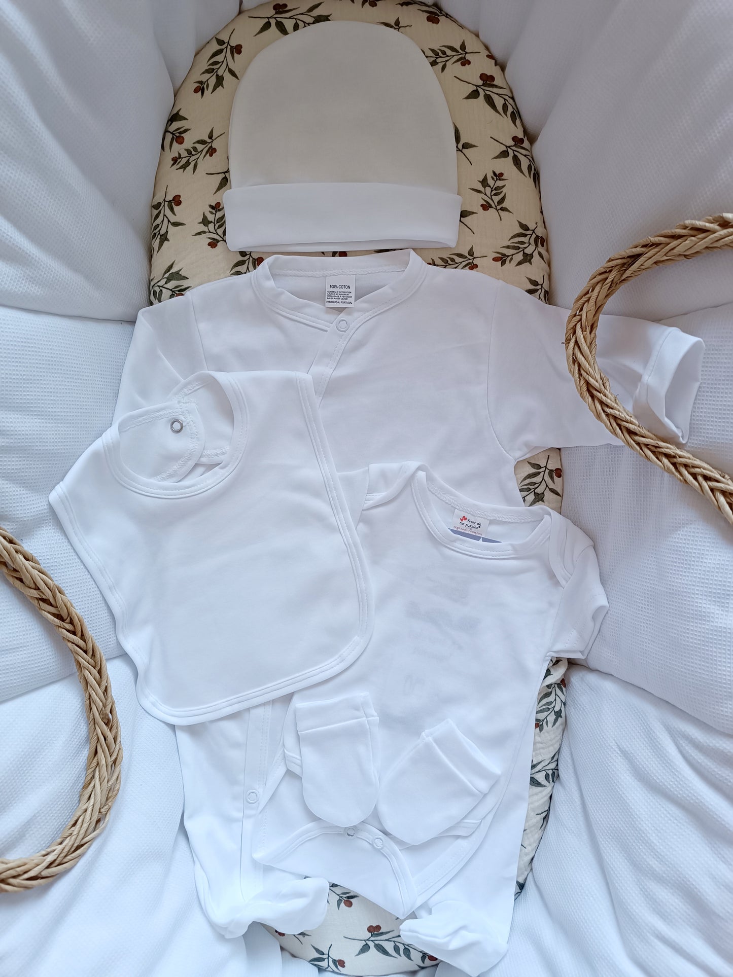 Ensemble pyjama naissance 0/3 mois 100% coton 5 pièces blanc