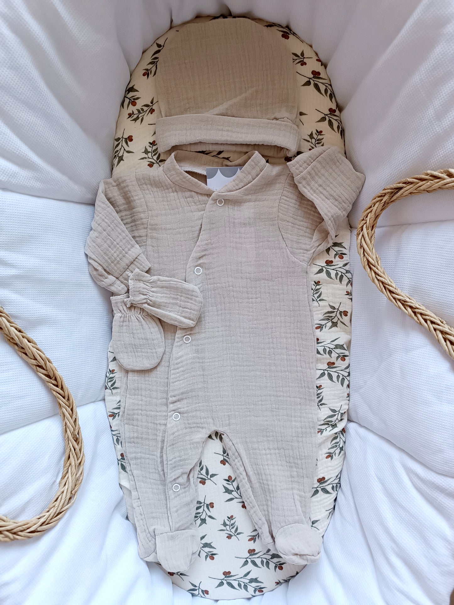 Ensemble complet pyjama en gaze de coton beige 0/3 mois