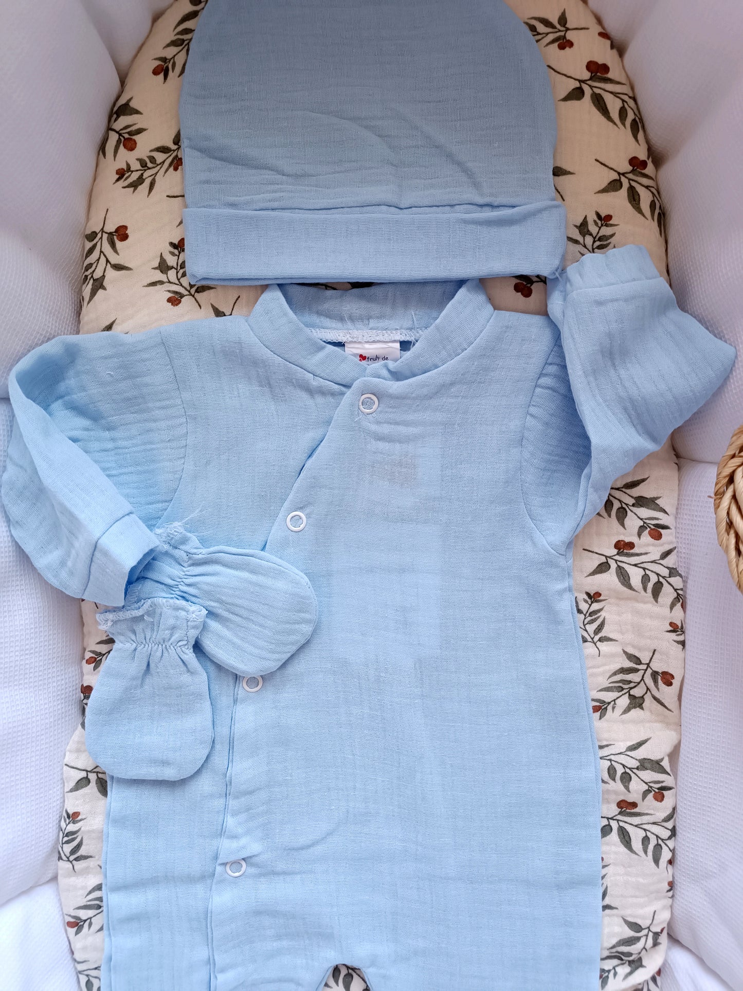 Ensemble complet pyjama en gaze de coton bleu ciel