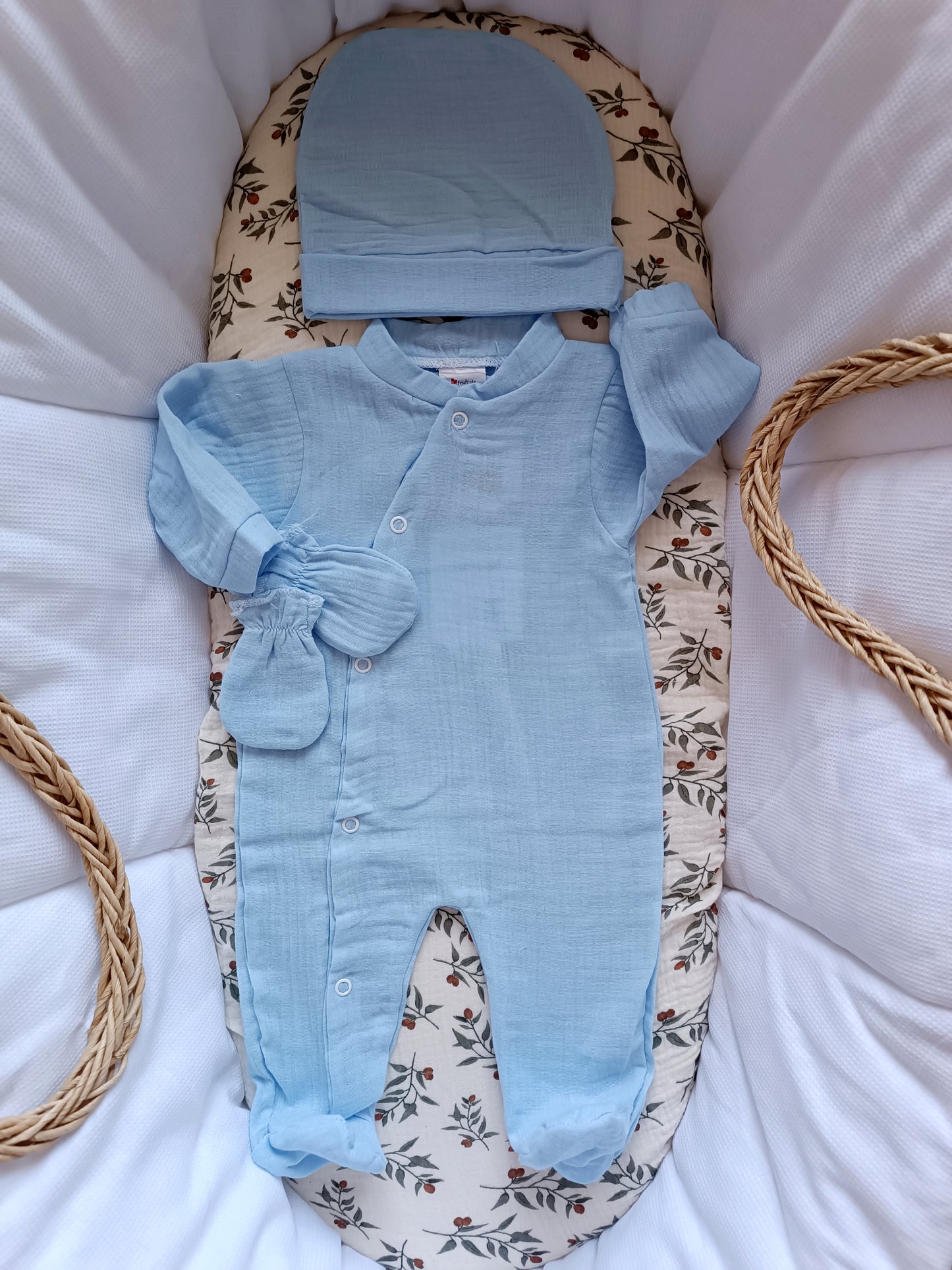 Ensemble complet pyjama en gaze de coton bleu ciel