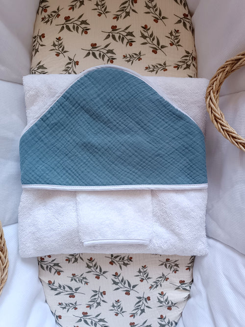 Cape de bain en gaze de coton bleu denim - personnalisable -