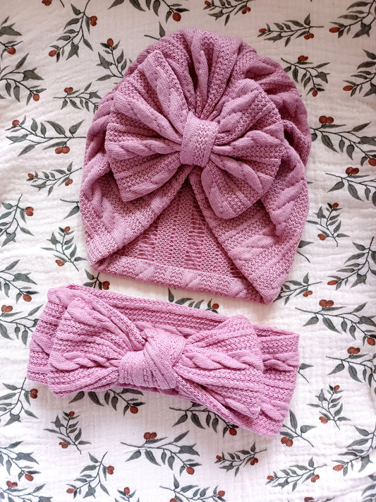 Turban noeud vieux rose + bandeau assorti 0/6 mois