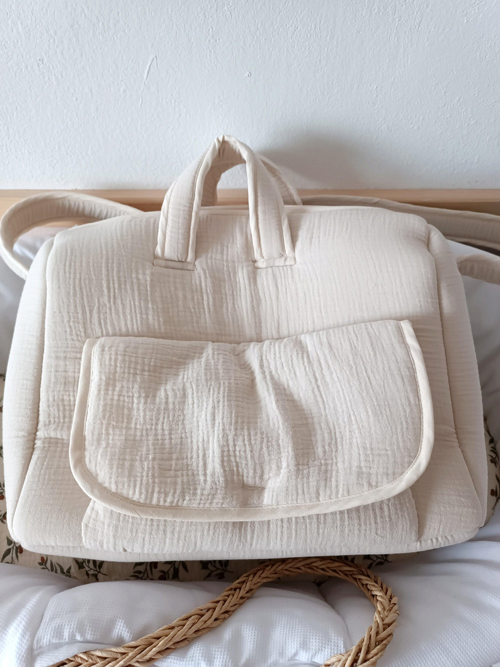 Sac à langer en gaze de coton beige - personnalisable -