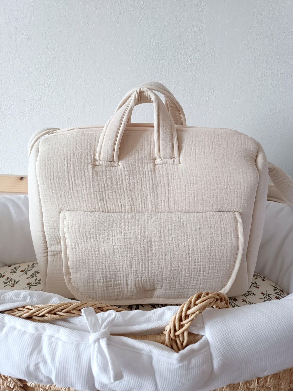Sac à langer en gaze de coton beige - personnalisable -