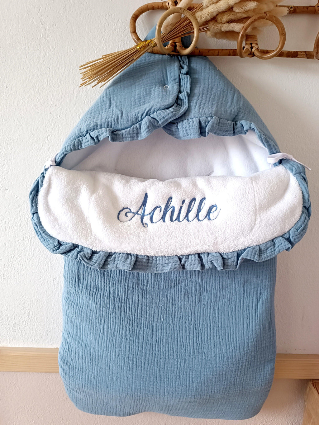 Nid d'ange en gaze de coton et polaire bleu denim